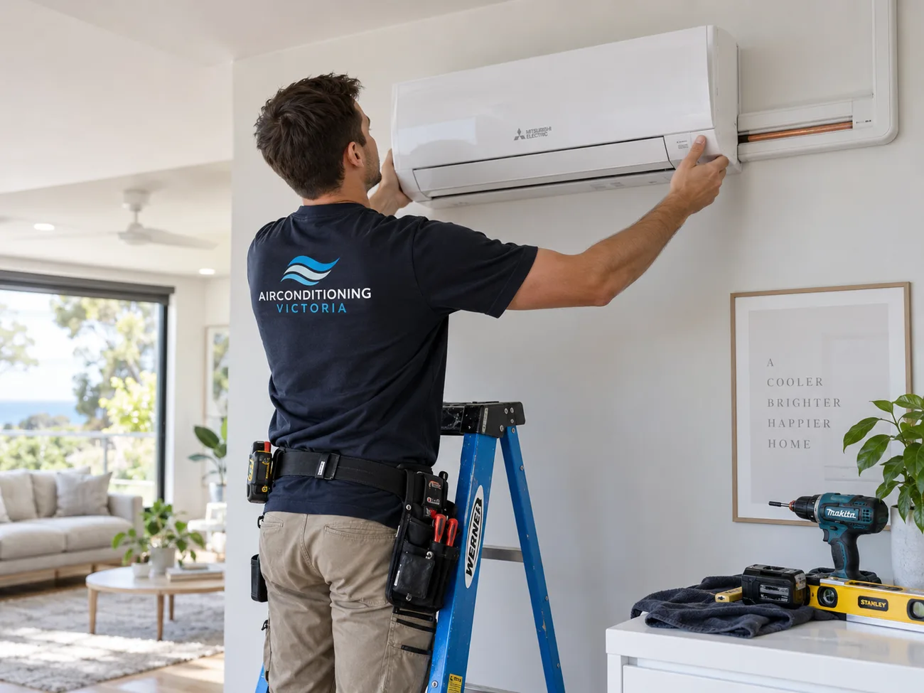 Airconditioning Victoria technician installing a Mitsubishi Electric split system