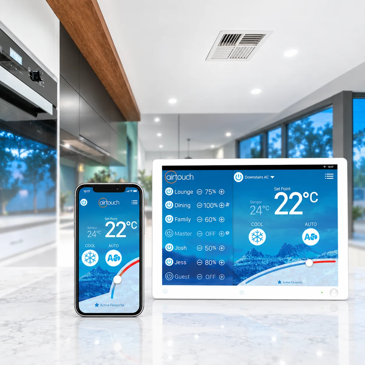 AirTouch smart zoning controller and app managing a ducted air conditioning system