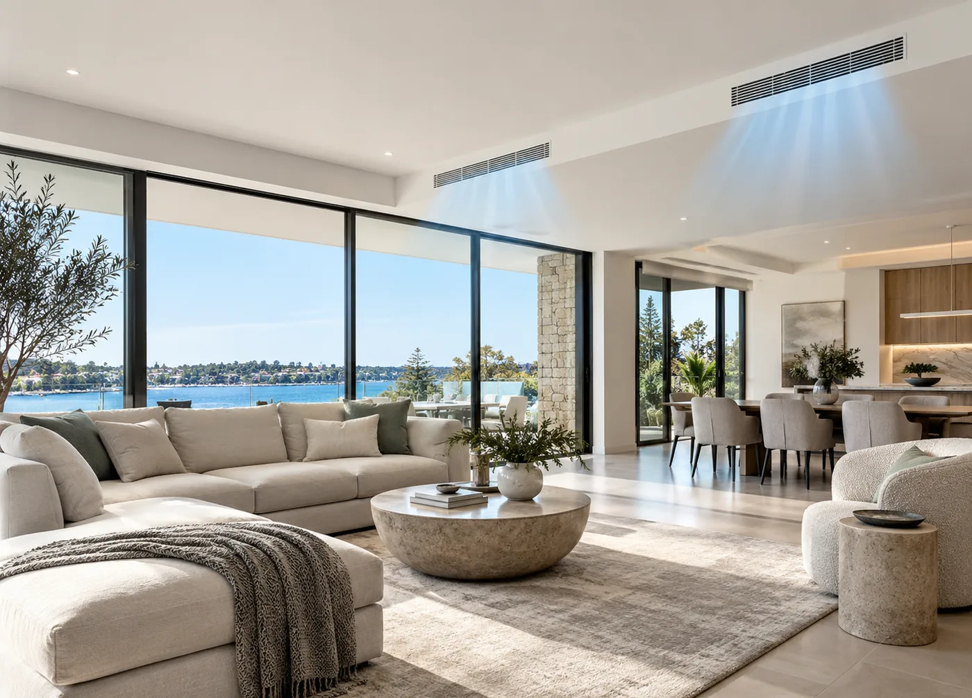 Melbourne living room with discreet linear ducted air conditioning outlets
