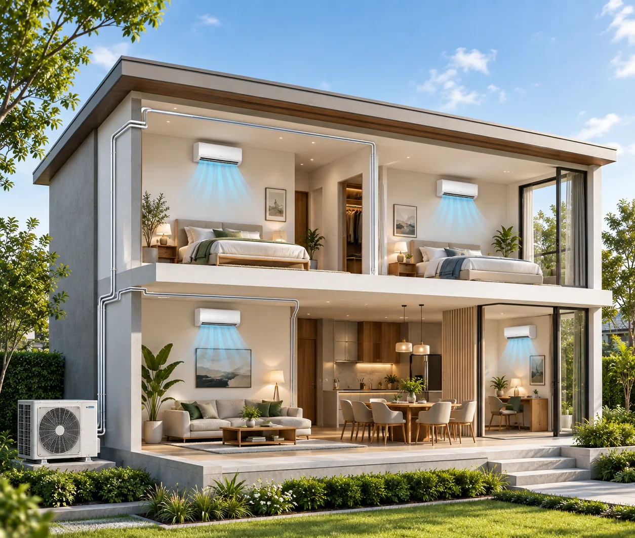 Cross-section of a modern Australian home showing multi-room split system air conditioning