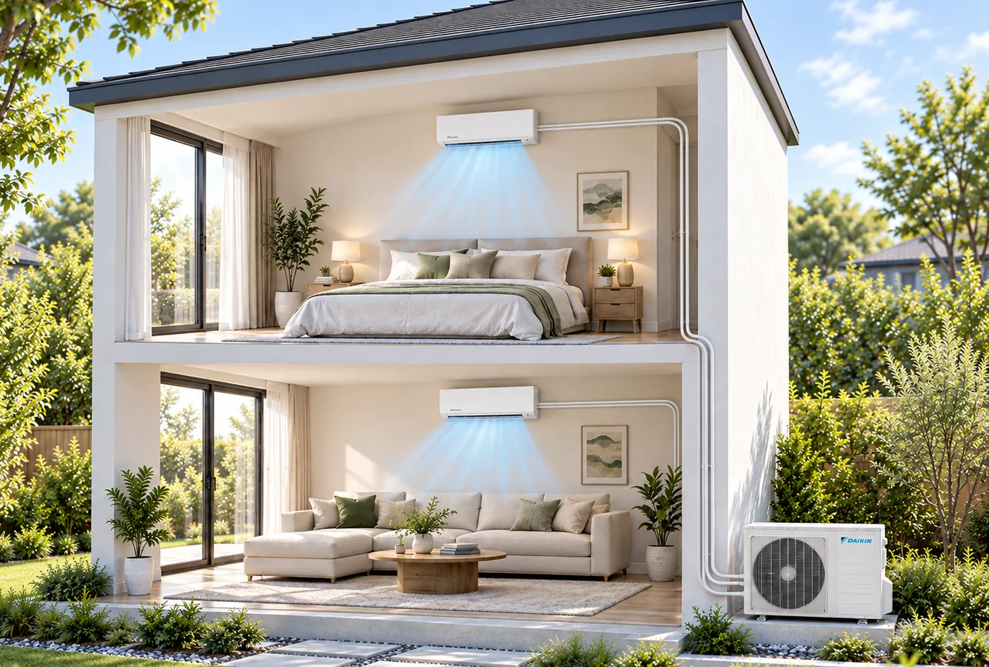 Two-storey Victorian home with multi-head split system indoor units connected to one Daikin outdoor condenser