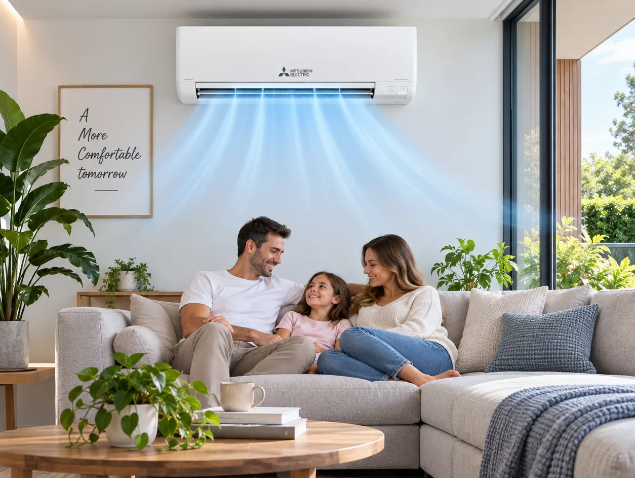 Family relaxing in a living room under a wall-mounted split system air conditioner