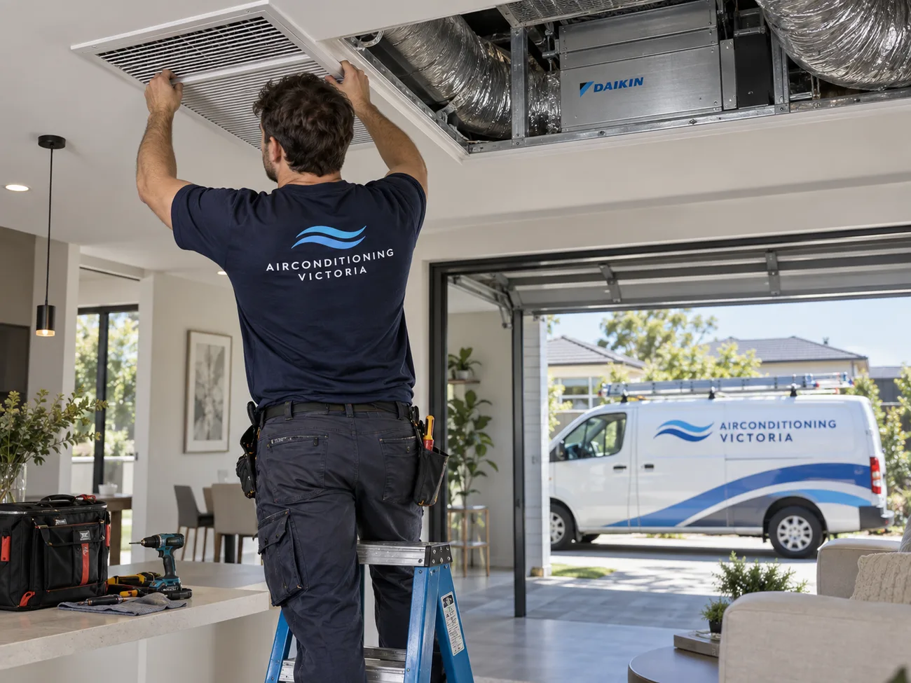 Airconditioning Victoria technician servicing a Daikin ducted system in a ceiling cavity